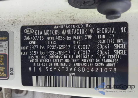 2013 Kia Sorento Lx from USA, damaged, VIN 5XYKT3A68DG421078